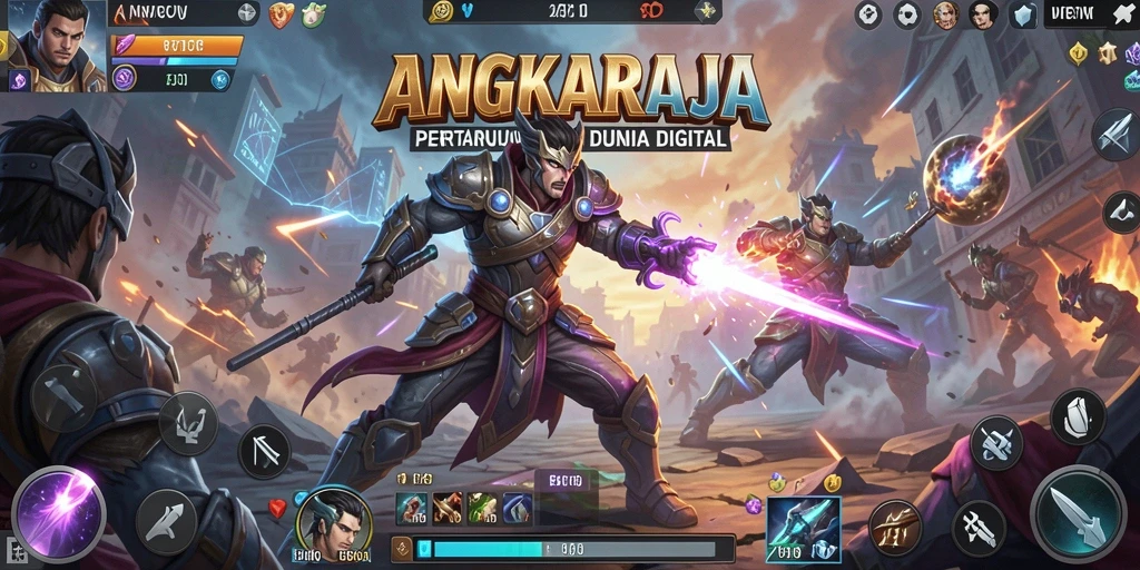 Tangkapan layar gameplay <strong>ANGKARAJA</strong> menunjukkan pertarungan dinamis dan karakter berwarna-warni.