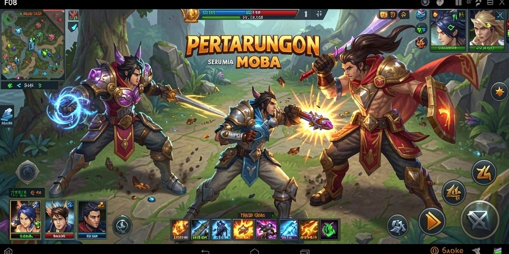 Tampilan seru gameplay <strong>F08</strong> dalam pertarungan MOBA yang mendebarkan.