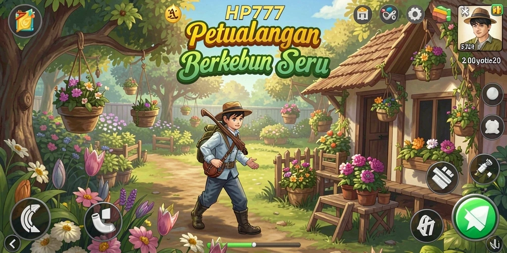 Tampilan gameplay HP777 yang menampilkan aktivitas berkebun seru.