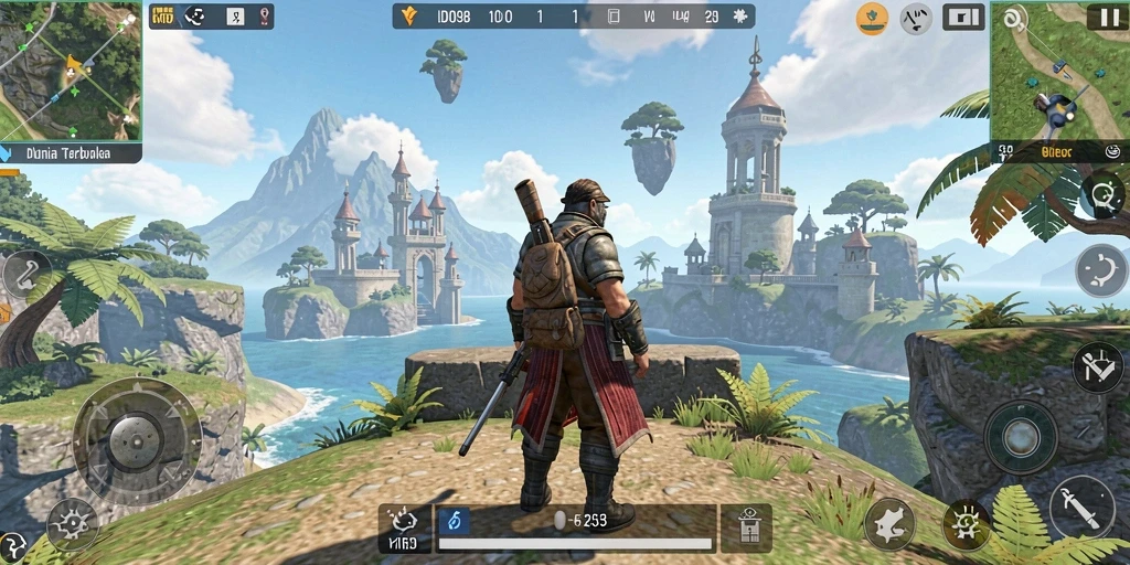 Screenshot gameplay ID098 yang menunjukkan eksplorasi dunia terbuka yang luas.