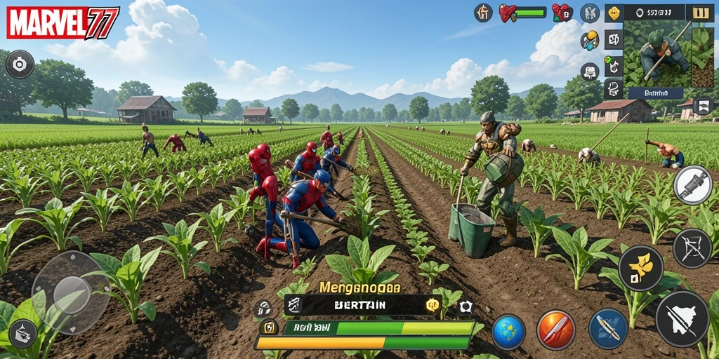Screenshot gameplay MARVEL77 menampilkan kebun yang rimbun dan subur.