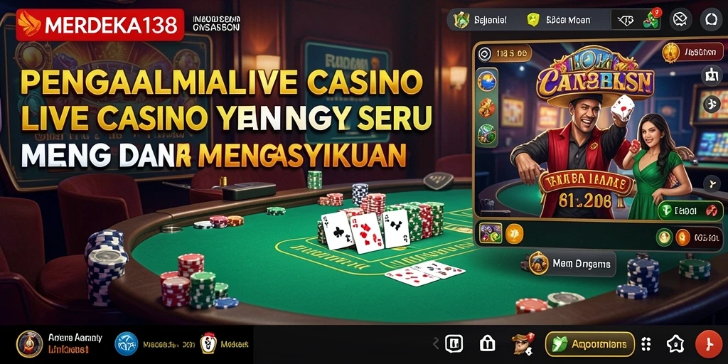 Screenshot gameplay MERDEKA138 dengan dealer langsung dan suasana kasino yang menakjubkan.