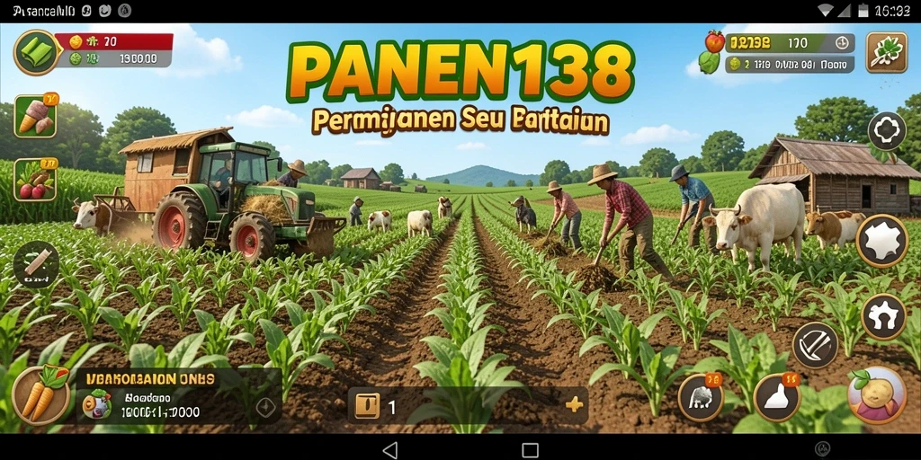 Screenshot gameplay menunjukkan ladang hijau dengan berbagai tanaman.