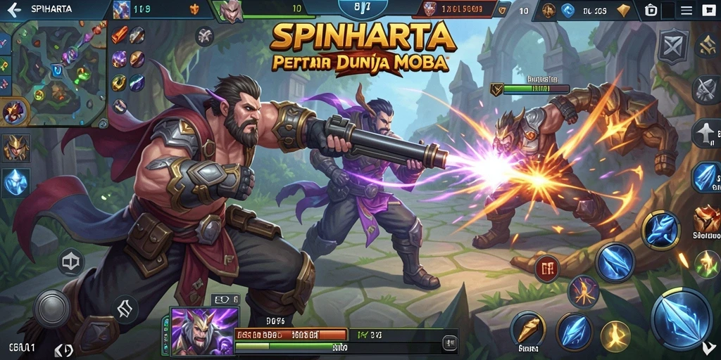 Gameplay aksi intens SPINHARTA dengan pertarungan tim yang seru.