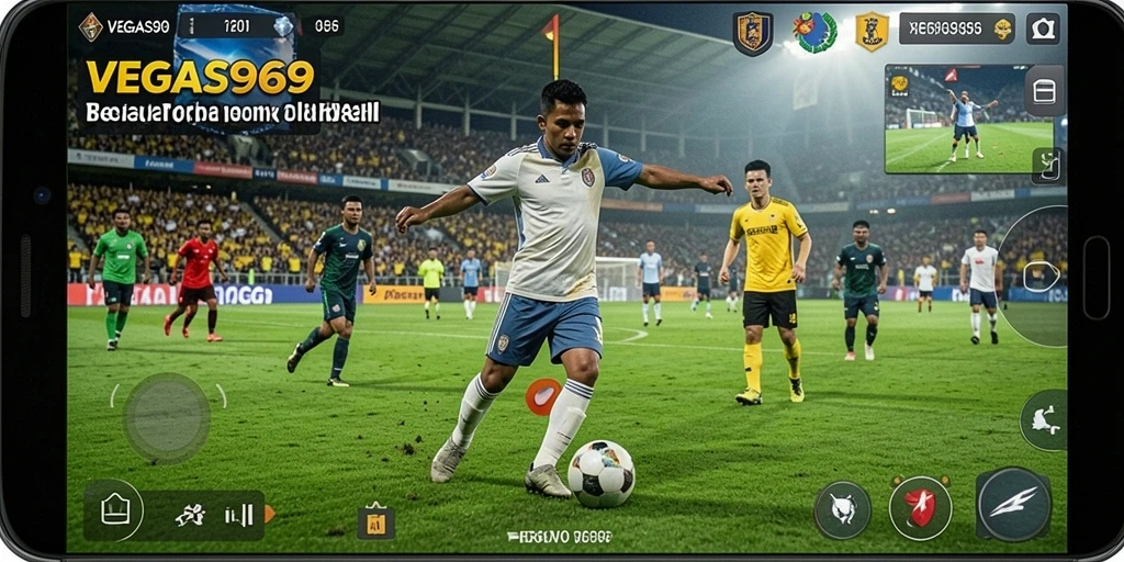 Screenshot utama VEGAS969 menampilkan aksi seru dalam pertandingan sepak bola.